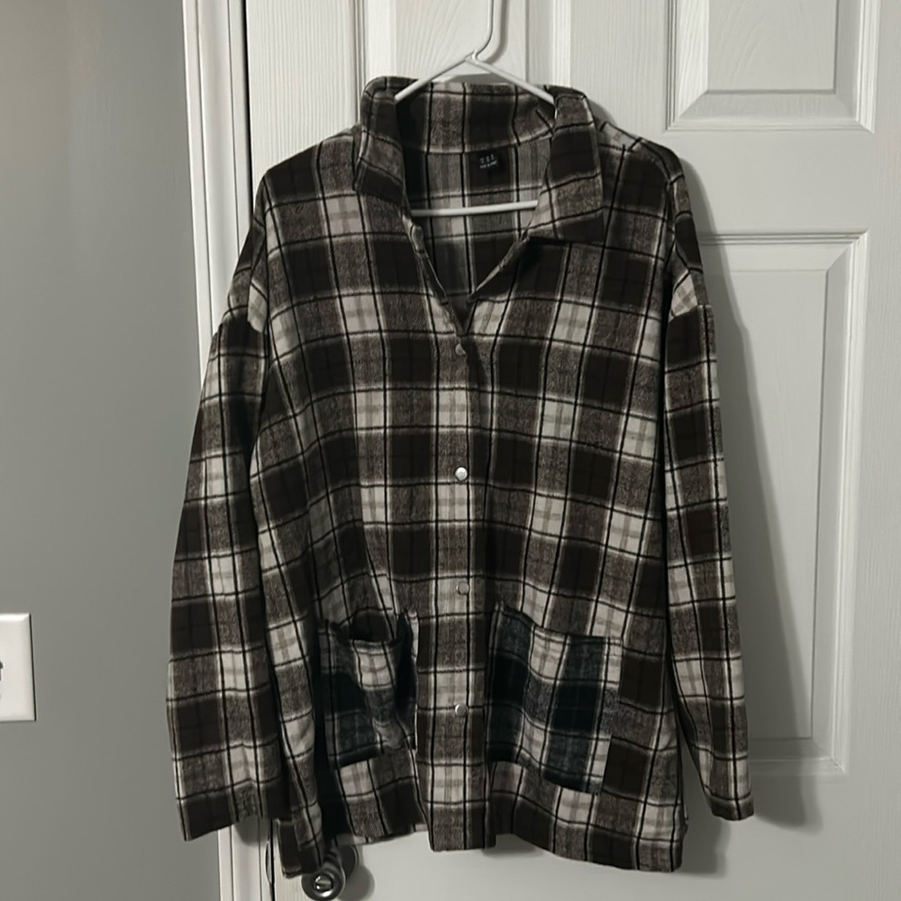 shein flannel brown/contrast black jacket